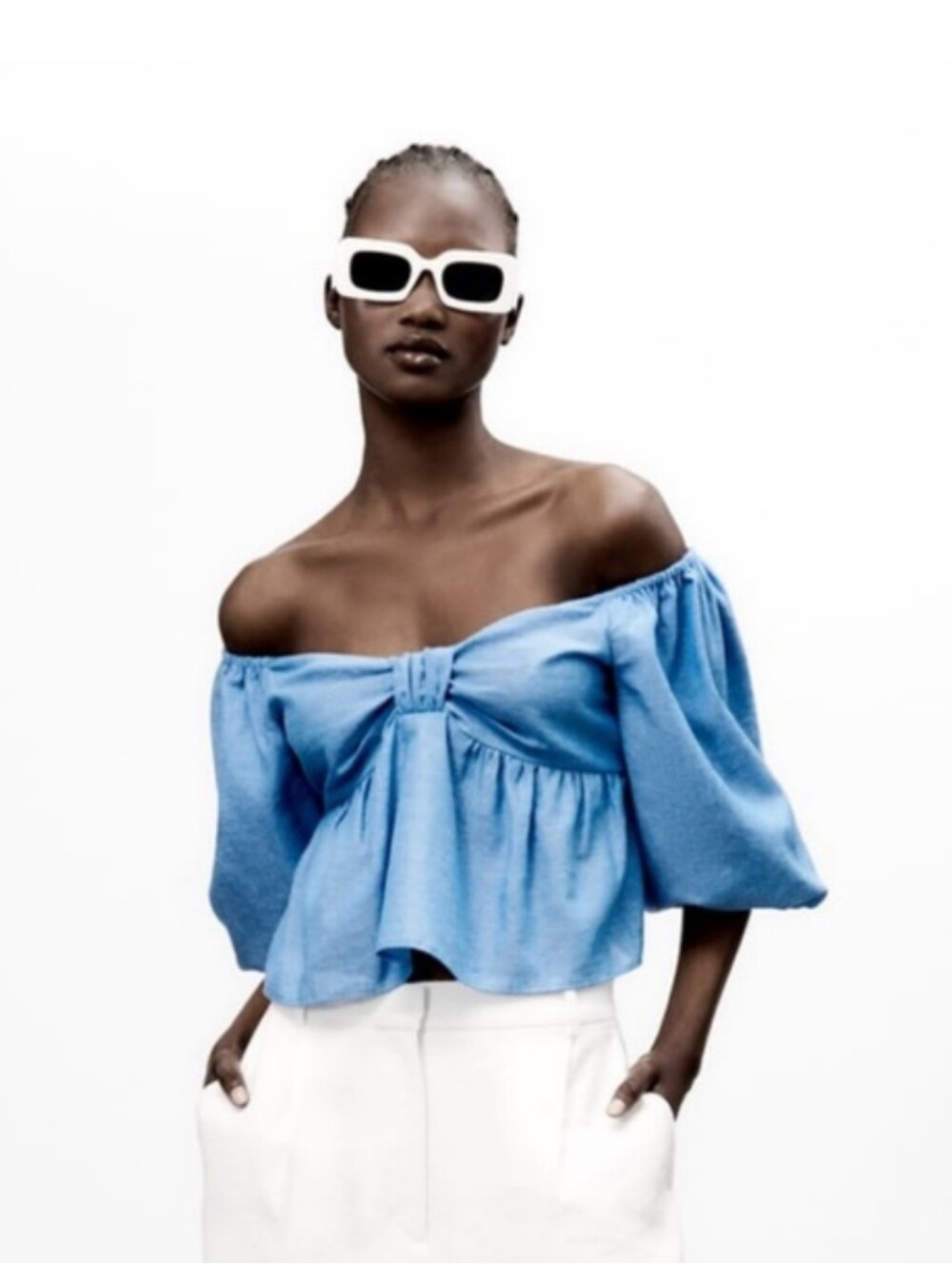 Zara Blue Linen Off-Shoulder Top with Knotted Front